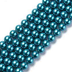 Brins de perles rondes en verre teinté écologique, Grade a, cordon en coton fileté, bleu profond du ciel, 12mm, Trou: 0.7~1.1mm, Environ 34 pcs/chapelet, 15 pouce