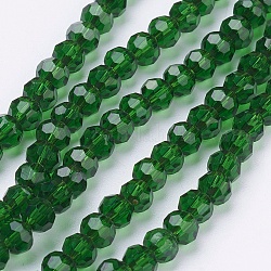 Filo di perline in vetro, sfaccettato (32 sfaccettatura), tondo, verde, 4mm, Foro: 1 mm, circa 98pcs/filo, 13.7 pollice