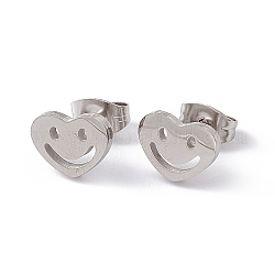 304 piccolo cuore incavato in acciaio inossidabile con orecchini a bottone con volto sorridente per le donne, colore acciaio inossidabile, 7x10mm, ago :0.7mm