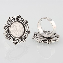 Vintage Adjustable Iron Finger Ring Components Alloy Flower Cabochon Bezel Settings, Cadmium Free & Lead Free, Antique Silver, Flat Round Tray: 15mm, 17mm