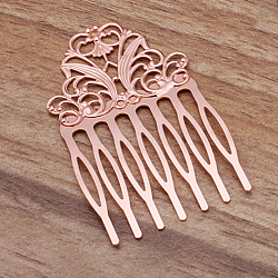 Iron Hair Combs Findings, with Brass Flower, Rose Gold, 65x38x2mm