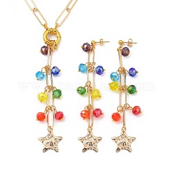 Rainbow Color Star Jewelry Sets, Brass Dangle Stud Earrings & Iron Paperclip Chains Pendant Necklaces & , with Faceted Glass Beads, Star Brass Pendants and 304 Stainless Steel Stud Earring Findings, Golden, 90mm, 18.9 inch(48cm)