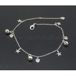 Brass Anklets, Ideas for Mother's Day Gift, with Bell, Rhinestones and Lobster Clasp, Star and Heart, Platinum, 250~280mm
