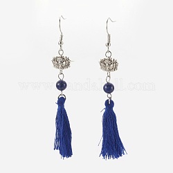 Boucles d'oreilles avec pendentif pompon en nylon, avec accessoire de boucle d'oreille en 304 acier inoxydable et perles en lapis-lazuli, 77mm, pin: 0.6 mm