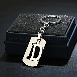 201 porte-clés en acier inoxydable, porte-clés étiquette de chien, avec porte-clés en fer plaqué platine, rectangle avec lettre fractionnée, letter.d, 10.5 cm