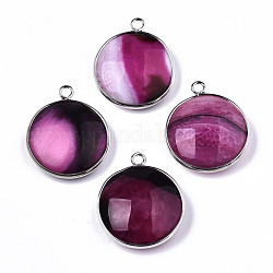 Natural Crackle Agate Pendants, with Platinum Plated Brass Findings, Dyed & Heated, Flat Round, Medium Violet Red, 27~28x23~24x7~9.5mm, Hole: 2mm