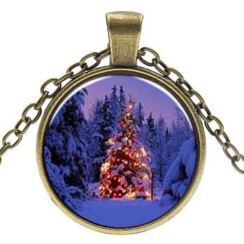 Colliers en verre thème de noël, avec les accessoires en alliage, Plat rond avec arbre de noel, bronze antique, 17.7 pouce (45 cm), pendentif: 27 mm
