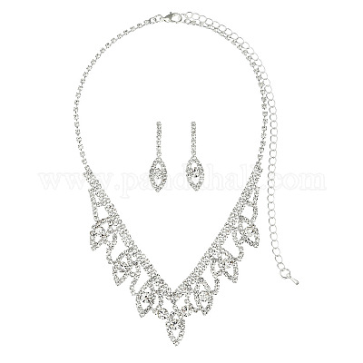 Ожерелья с подвесками и серьги-гвоздики из листовой латуни с прозрачными кубическими цирконами и стразами FS-WG35E42-01-1