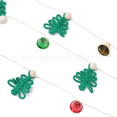 Рождественская елка с подвеской в виде железного колокольчика из хлопкового шнура и деревянных бусин HJEW-JM03924-1