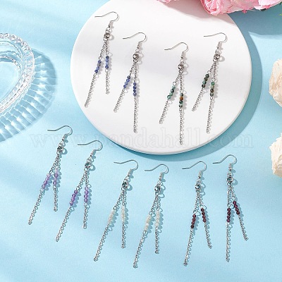 Круглые серьги-подвески из нержавеющей стали 304 с натуральными смешанными камнями EJEW-JE06783-1