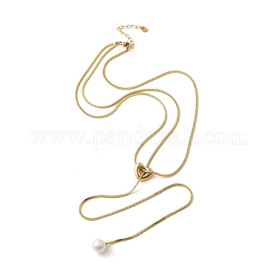 Ожерелья-лариаты из нержавеющей стали 304 с круглым жемчужным кулоном для женщин NJEW-U031-03G-1