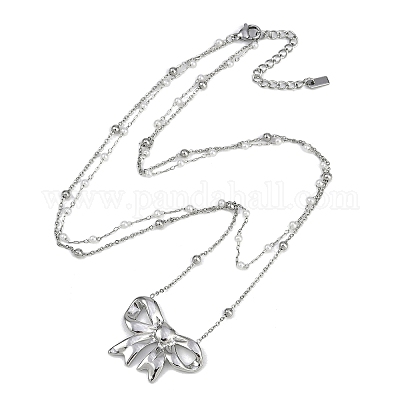 Двухслойные ожерелья с подвесками-бантиками из нержавеющей стали 304 и пластикового искусственного жемчуга NJEW-I129-03P-1