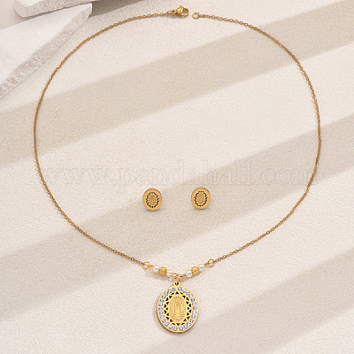 Комплект из 201 овального страза из нержавеющей стали с подвеской в виде Девы Марии и серег-гвоздиков для женщин RA9493-1