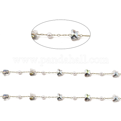 Цепочки-бабочки из стекла и АБС-пластика с жемчужными бусинами CHS-G028-02G-01-1