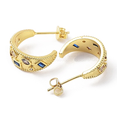 Серьги-гвоздики с разноцветными циркониями в форме полумесяца X-EJEW-B027-17G-1