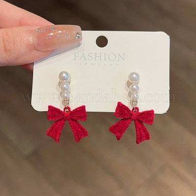 Серьги-гвоздики с подвесками из сплава с бантом и флокированием FS-WG1465F-02-1