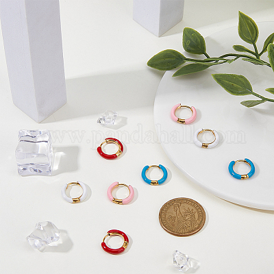 4 пара двухцветных массивных серег-колец Huggie Hoop из нержавеющей стали 304 с эмалью для женщин EJEW-DC0001-37-1