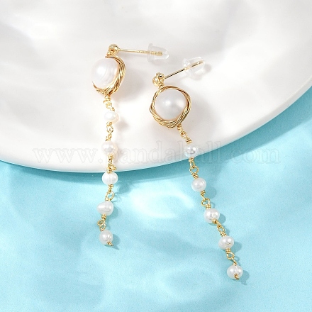 Круглые латунные серьги-гвоздики с кисточками из натурального пресноводного жемчуга EJEW-U072-02G-1