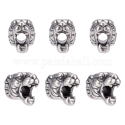 Unicraftale 6 pièces perles de tête de tigre de 11 mm en acier inoxydable perles en vrac accessoires de perles de trou de 2.5 mm perle de tête d'animal en argent antique pour bricolage bracelets colliers fabrication de bijoux STAS-UN0006-63AS-1