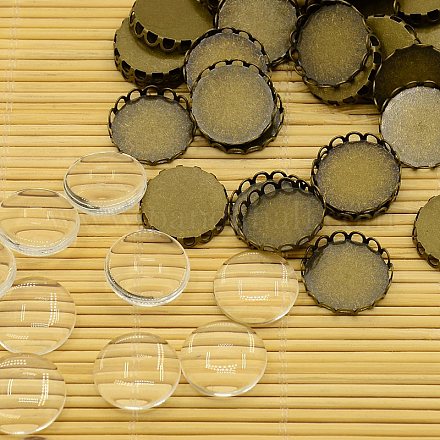Antique Bronze Brass Cabochon Settings and Flat Round Transparent Clear Glass Cabochons KK-X0003-RS-1