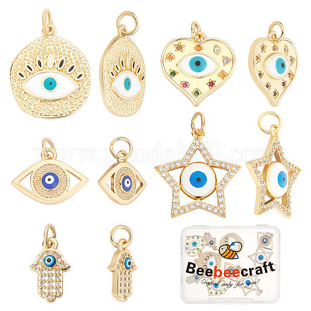 Beebeecraft 10Pcs/Box 5 Style Evil Eye Charms Brass Cubic Zirconia Hamsa Hand Star with Blue Enamel Eye Pendants Jewelry Making Findings for DIY Bracelet Necklace KK-BBC0003-54-1