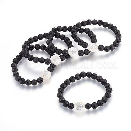 Braccialetti elasticizzati con perle di roccia lavica naturale BJEW-JB03969-M-1