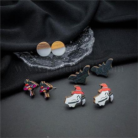 Set di orecchini a bottone in legno con pipistrello fantasma e fungo di Halloween EJEW-OY002-04-1