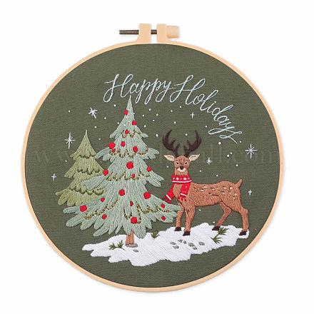 DIYのクリスマステーマの刺繍キット  プリントコットン生地を含む  刺繍糸と針  プラスチック刺繍フープ  鹿  200x200mm XMAS-PW0001-175C-1