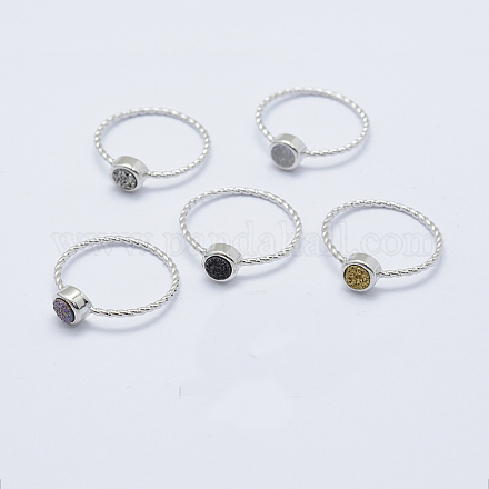 天然石ドゥルージー瑪瑙指輪  真鍮パーツ  サイズ8  銀色のメッキ  ミックスカラー  18mm RJEW-L079-D-S-1
