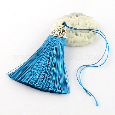 Décorations de pendentif pompon en polyester avec des accessoires en plastique CCB d'argent antique AJEW-R054-09-1