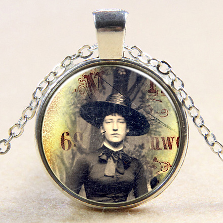 Flat Round with Halloween Woman Glass Alloy Pendant Necklaces X-NJEW-N0051-053C-02-1