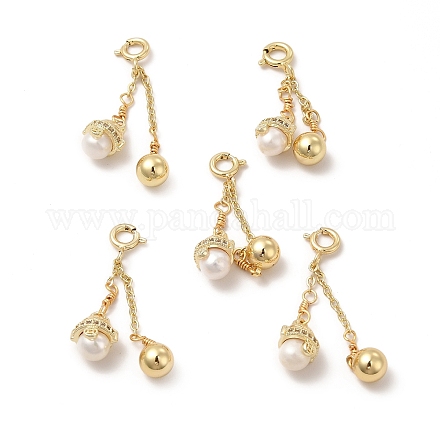 Cierres de anilla de resorte de latón con adorno redondo de perla natural KK-I697-11G-1