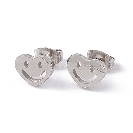 304 piccolo cuore incavato in acciaio inossidabile con orecchini a bottone con volto sorridente per le donne STAS-A065-02P-1