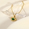 Vintage Stainless Steel Pave Synthetic Stone Eye Pendant Necklaces, Real 18K Gold Plated, Green, 15.94 inch(40.5cm)