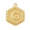 Brass Pendants, Hexagon Letter Charms, Letter G, 20x16x2.5mm, Hole: 1.5mm