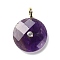 Natural Amethyst Faceted Pendants, Flat Round Charms, with Rack Plating Golden Tone Brass Micro Pave Cubic Zirconia Findings, 32.5~33x25~25.5x7~7.5mm, Hole: 4mm