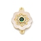 Brass Micro Pave Clear Cubic Zirconia & Shell Connector Charms, with Green Glass, Real 18K Gold Plated, Flower, 17.5x13x2.5mm, Hole: 1.2mm