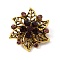 Flower Rhinestone Safety Pin Brooch, Antique Golden Plated Alloy Badge for Backpack Clothes, Garnet, 34x30.5x8mm