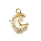 Brass Micro Pave Clear Cubic Zirconia with Glass Charms, Moon, Cadmium Free & Lead Free, Long-Lasting Plated, Rack Plating, with Jump Ring, White, 13.5x11.5x3mm, Hole: 3.5mm