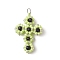 Glass Seed Beaded Cross Pendants, with 304 Stainless Steel Jump Rings Loop & Synthetic Blue Goldstone Beads, Stainless Steel Color, Green Yellow, 38x27x11mm, Hole: 4.5mm