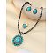 Bohemian Style Oval Alloy & Synthetic Turquoise Pendant Necklaces & Dangle Earrings & Cuff Rings Sets, Antique Silver, Dark Turquoise, 400mm