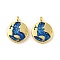 Rack Plating Brass Charms, with Sequins Enamel, Long-Lasting Plated, Lead Free & Cadmium Free, Flat Round with Map Charm, Real 18K Gold Plated, Blue, 13x10x2mm, Hole: 1.5mm