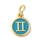 Real 18K Gold Plated Brass Enamel Charms, with Jump Ring, Long-Lasting Plated, Lead Free & Cadmium Free, Flat Round with Gemini Charms, Dark Cyan, 10x8x1mm, Hole: 4mm