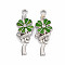 Alloy Pendants, with Enamel and Rhinestone, Platinum, Flower with Word Noroc, Medium Sea Green, 33x12x3mm, Hole: 2mm