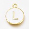 Brass Enamel Pendants, Long-Lasting Plated, Golden, White, Flat Round, Letter.L, 16.5x13x2mm, Hole: 1.5mm