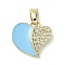Brass Micro Pave Cubic Zirconia Enamel Pendants, Heart Charms, Real 18K Gold Plated, Sky Blue, 15x16x3mm, Hole: 5.5x2.5mm