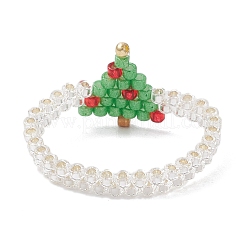 クリスマスガラスシードビーズ指輪（女性用）  ツリー  3.5~14mm  内径：20.5mm&nbsp;RJEW-MZ00029-01