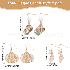 3 пара 3-х стилевых серег-подвесок из натуральных ракушек с пластиковыми жемчужными бусинами EJEW-AN0003-49