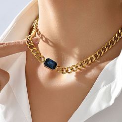 キュービックジルコニア長方形ペンダントネックレス  本物の18Kゴールドメッキステンレススチールキューバチェーン付き  プルシアンブルー  18.90インチ（48cm）&nbsp;MR3032-2