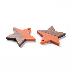 不透明な樹脂とクルミ材のペンダント  ツートン  スター  ミックスカラー  26x28.5x3mm  穴：1.8mm&nbsp;RESI-T035-39